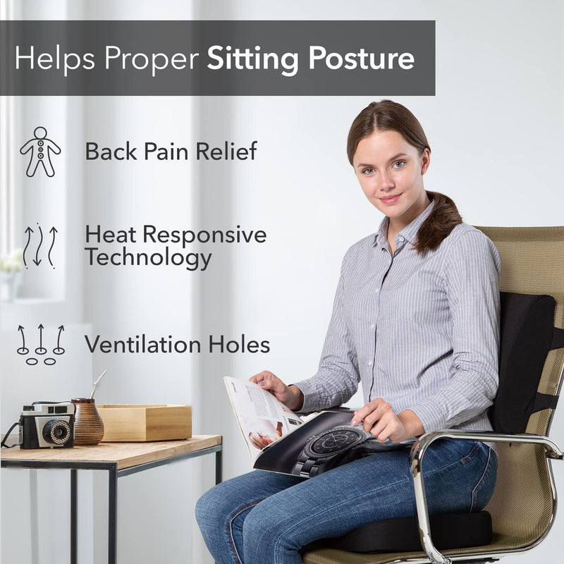 Orthopedic Back Cushion and Lumbar Chair Cushion Set, Infused Gel Postural Cushions (Black)