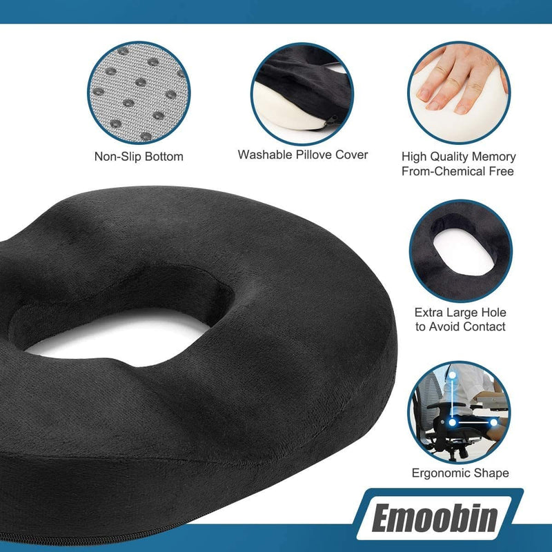 Donut Pillow Hemorrhoid Pillow Memory Foam Coccyx Pain Relief Pillow for Pregnancy, Tailbone, Bed Sores, Back, Sciatica, 18 Inch Black