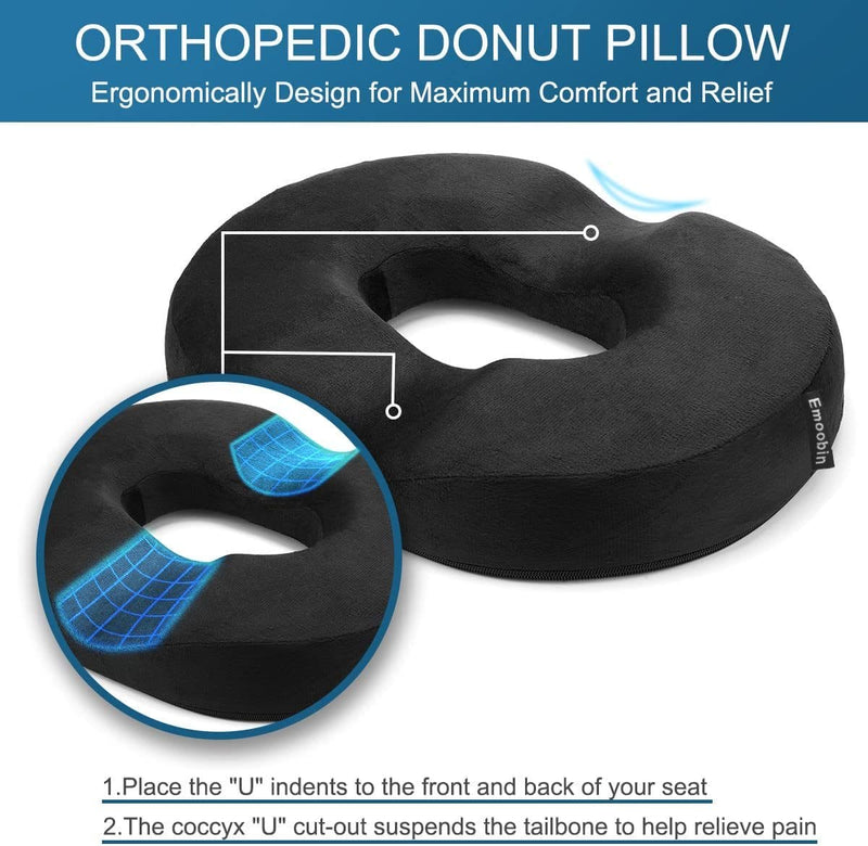 Donut Pillow Hemorrhoid Pillow Memory Foam Coccyx Pain Relief Pillow for Pregnancy, Tailbone, Bed Sores, Back, Sciatica, 18 Inch Black