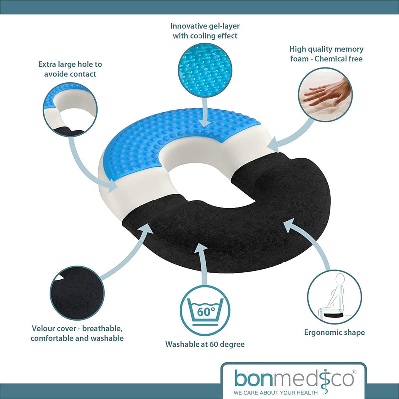 Anti-decubitus Cushion - Orthopedic Donut in Memory Foam and Gel - Ergonomic Seat for Back and Coccyx - for Gaming, Car and Office